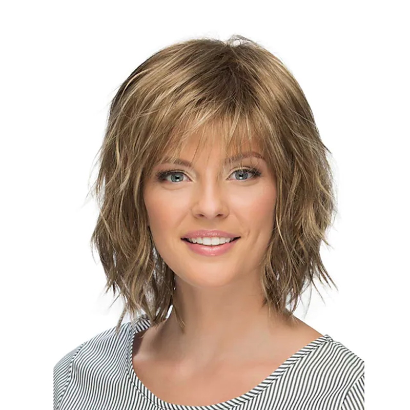 HAIRJOY Perucas de cabelo sintético loiro marrom para mulheres encaracoladas com franja peruca curta