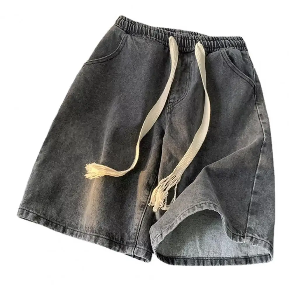 Elastic Waist Denim Trousers Men's Elastic Drawstring Denim Shorts with Pockets Casual Summer Beach Shorts Quick-drying for Men