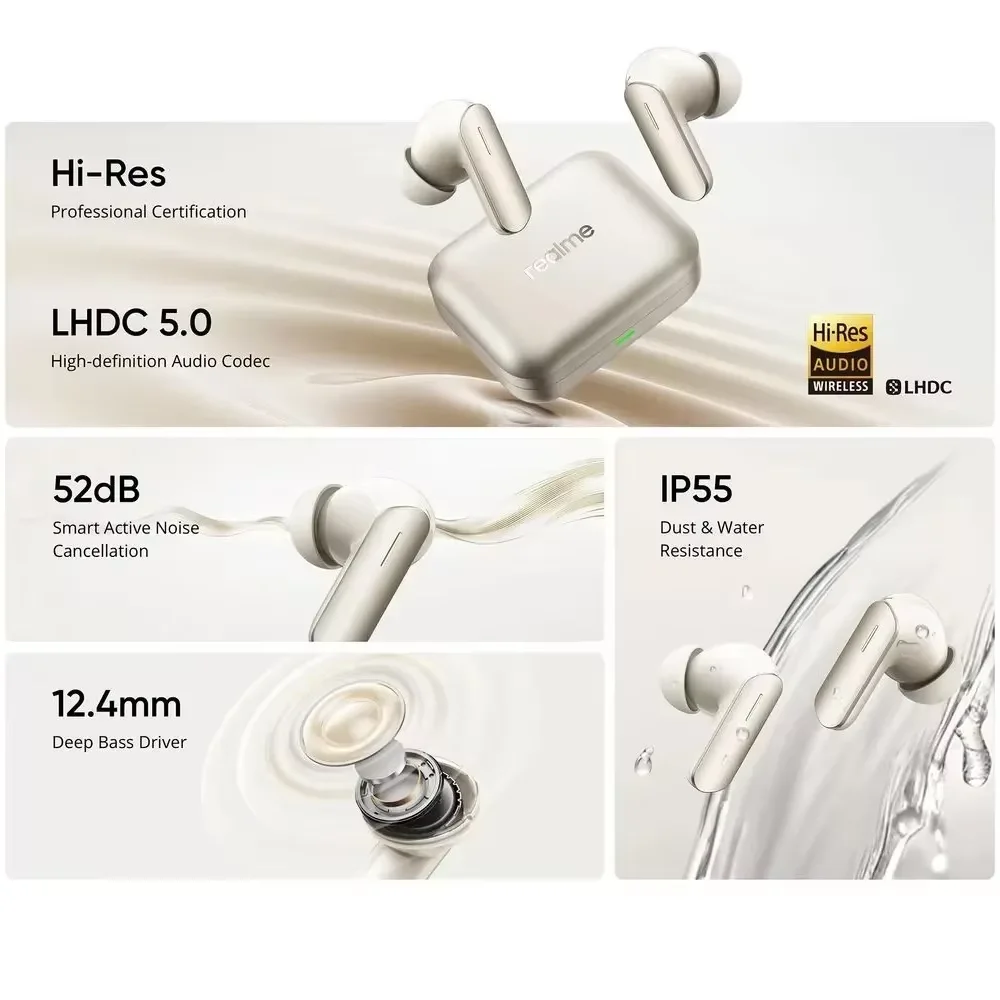 Global Version realme Buds Air 7 52dB Smart Active Noise Cancellation 12.4mm Deep Bass Driver Bluetooth5.4 360° Spatial Audio Effect IP55 Kopfhörer