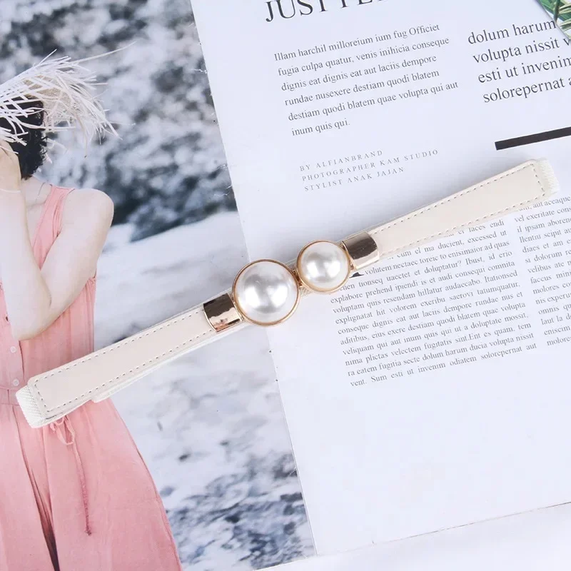 Cinturones elegantes Vintage con cadena de perlas para mujer, suéter de estilo coreano, ganchos para chaqueta, cinturón de cuero elástico ajustado