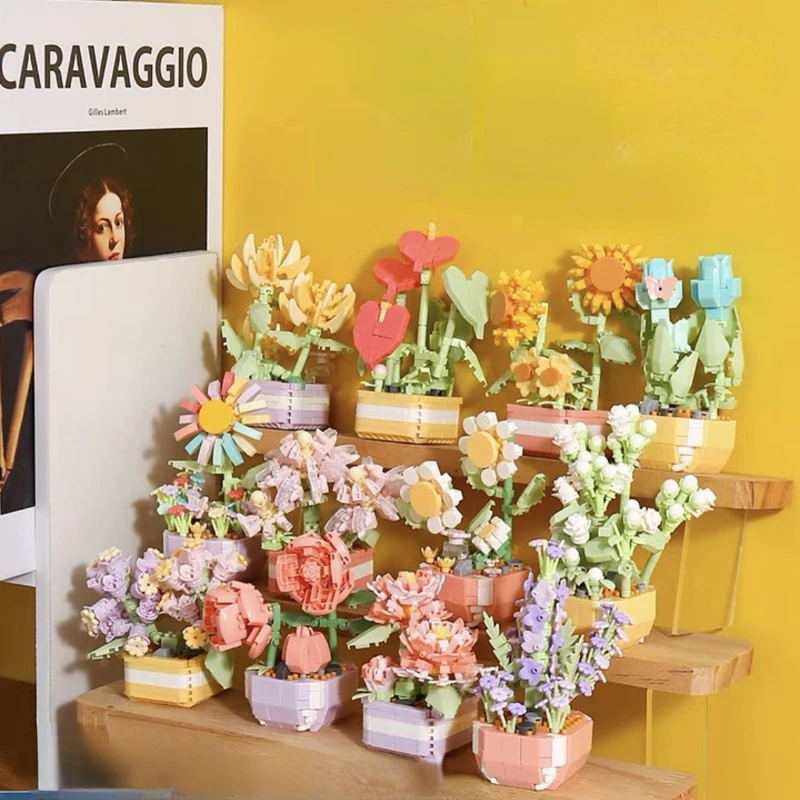 Blocos de construção de suculentas de flores, instruções de árvore de bonsai eterna, tijolos românticos de jardins, modelo de plantas em vasos diy, kits para crianças