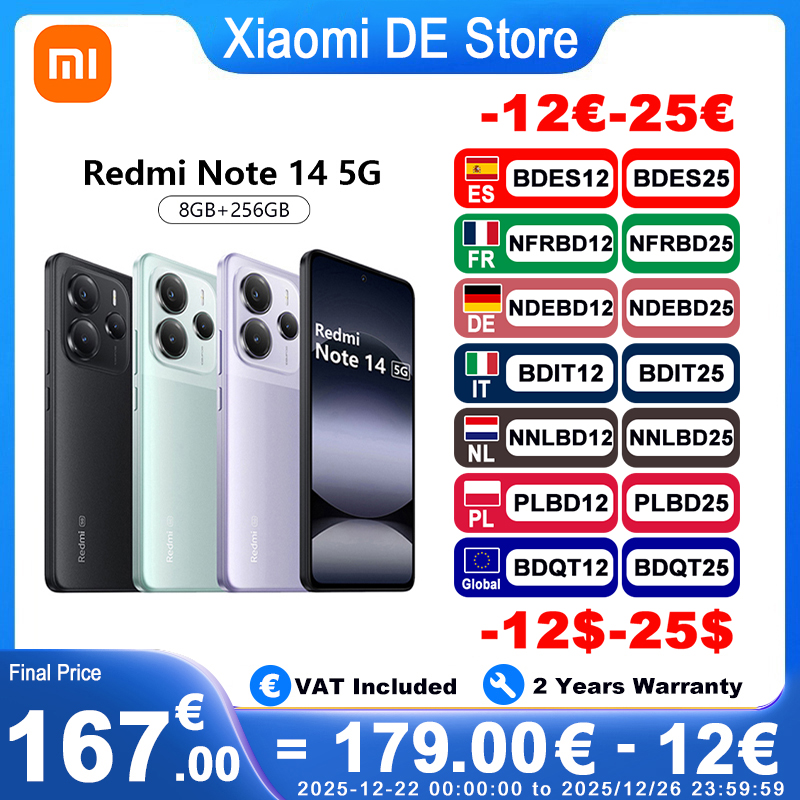 Xiaomi Redmi Note 14 5G Versión Europea 8+256GB Dimensity 7025-Ultra Pantalla AMOLED 6,67" 120Hz, 108MP, 5110mAh, 45W, IP64, NFC