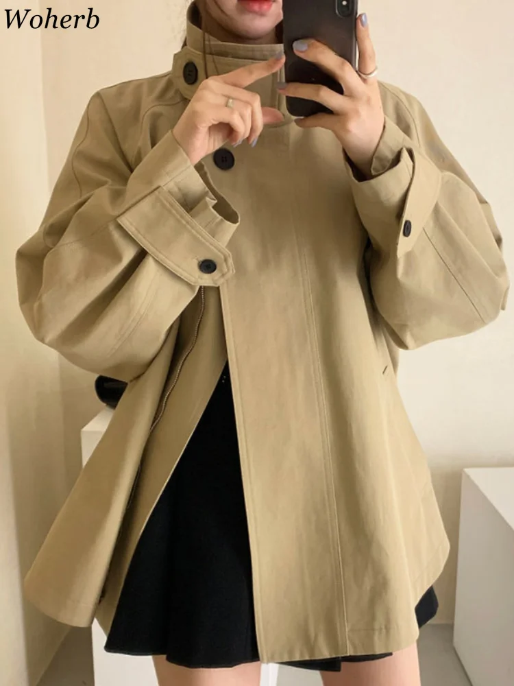 Woherb Koreanische Chic Lose Jacken Frauen Vintage Stehkragen Taste Windjacke 2025, Herbst Casual Mäntel Chaquetas Mujer
