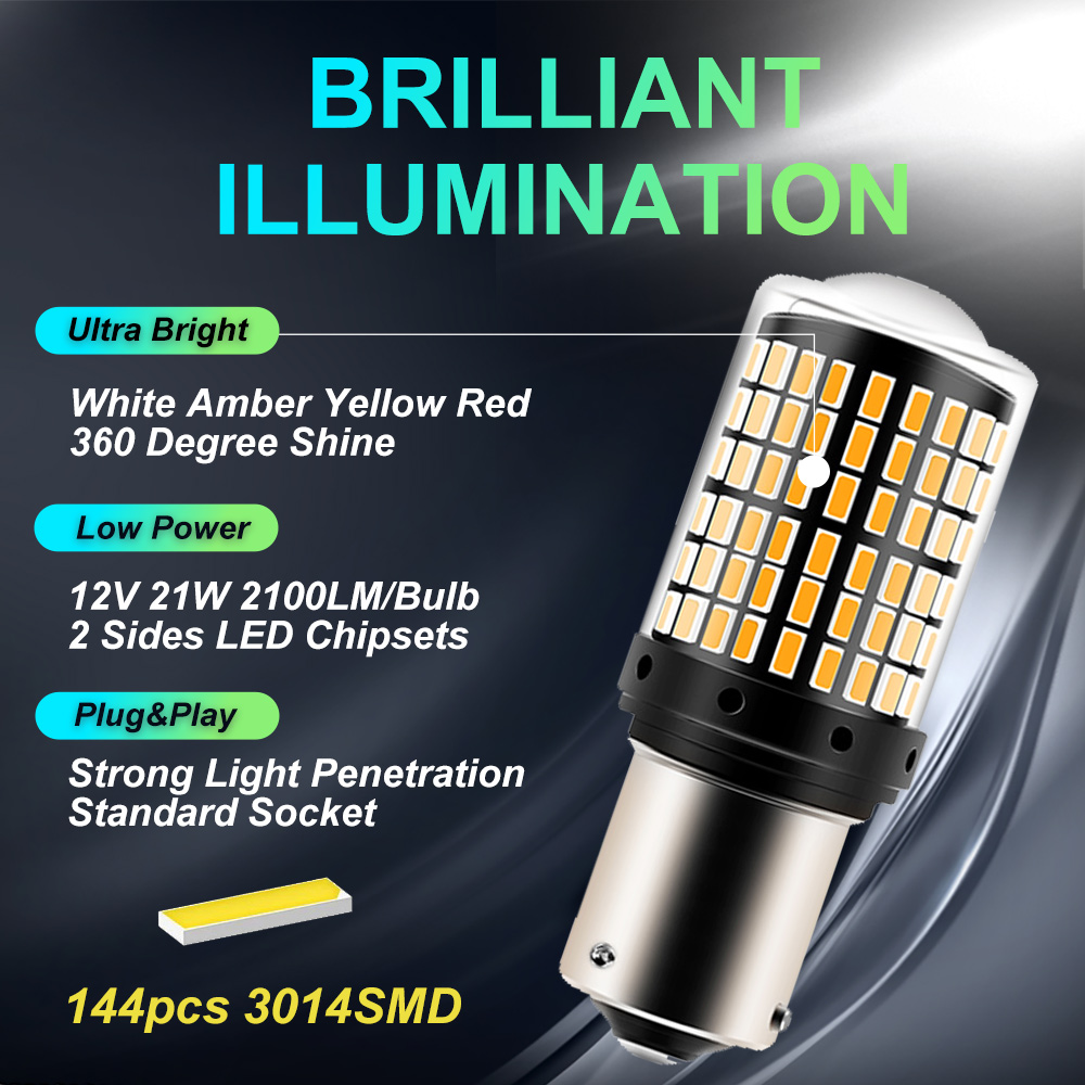 2pc 12V-24V Signal lumineux 1156 BA15S P21W 1157 BAY15D P21/5W T20 7443 W21/5W 7440 W21W 144LED ampoule frein de voiture lampe automatique clignotant