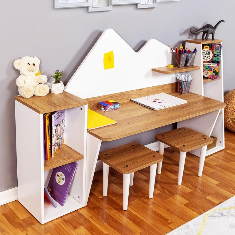 Kid's Study Desk with Bookshelf 2 Stools for Ages 3-8,Wooden Children Activity Table with Hutch Shelves,Kids Bedroom Study Desk