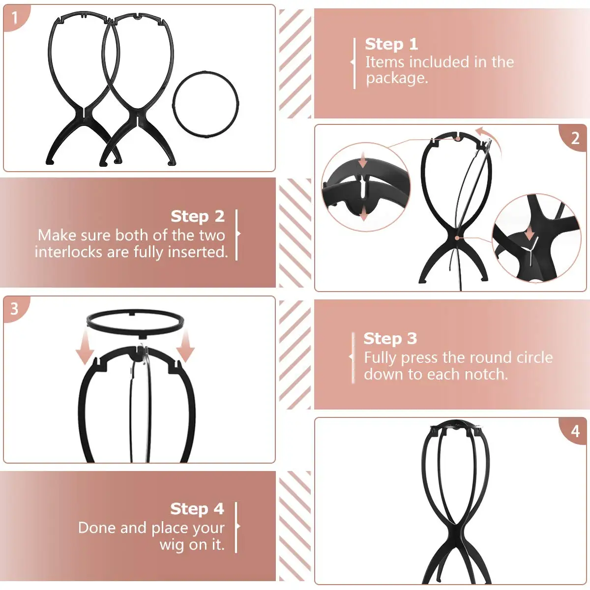 Supporto per parrucca pieghevole da 2 pezzi Supporto per parrucca durevole Display per parrucca da 13,8 pollici Supporto per parrucca da viaggio per tutte le parrucche