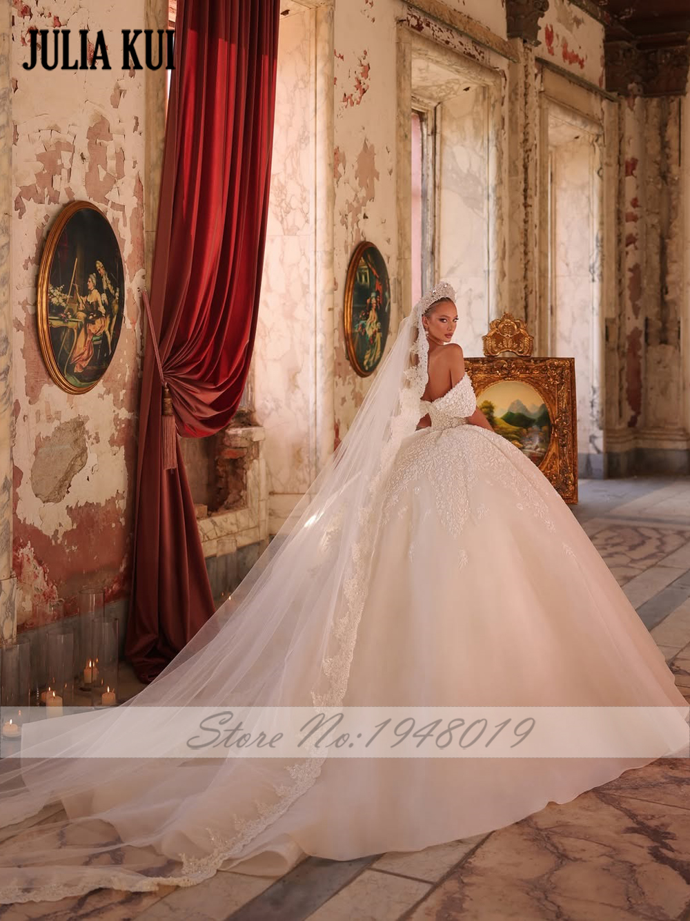 Julia Kui Maßgeschneiderte Luxus Perlen Perlen Applikationen Ballkleid Brautkleid Schulterfrei Kurze Ärmel Schatz Braut Kleider