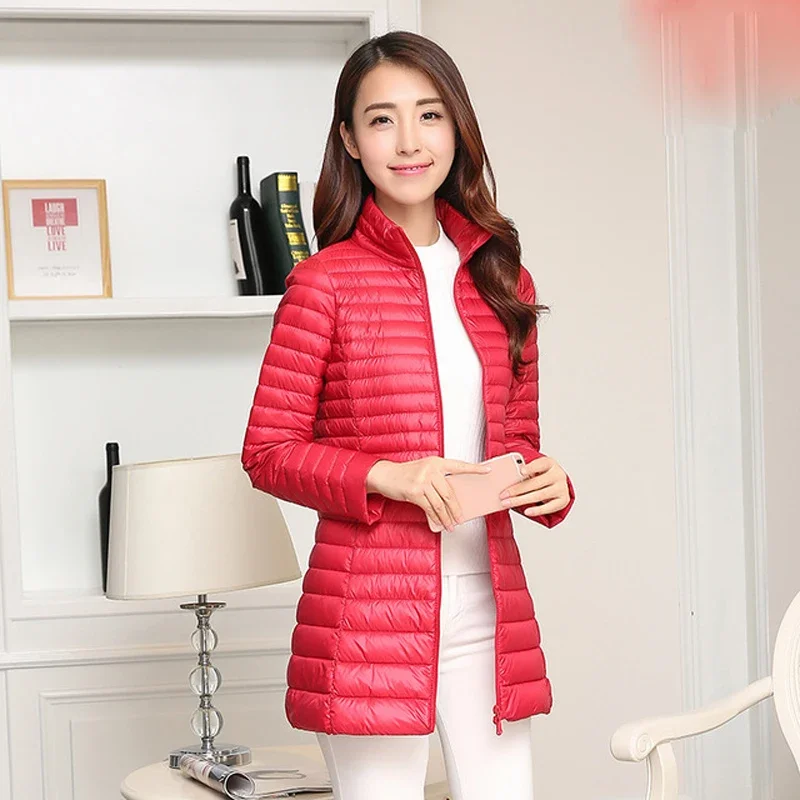 ฤดูใบไม้ร่วงฤดูหนาวผู้หญิงเป็ดสีขาวลงเสื้อแจ็คเก็ตหญิง ultra Light Slim บางซิป WARM Feather ยาวลงเสื้อคุณภาพดี Parkas