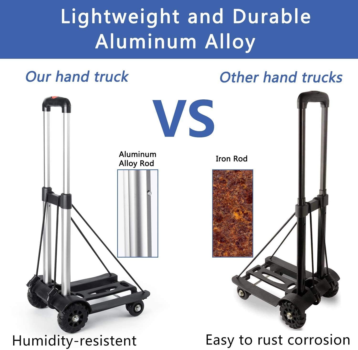 Folding Hand Truck, 4-Wheel Solid Construction Utility Cart with Aluminum Telescopic Rod, Foldable Roller Shopping