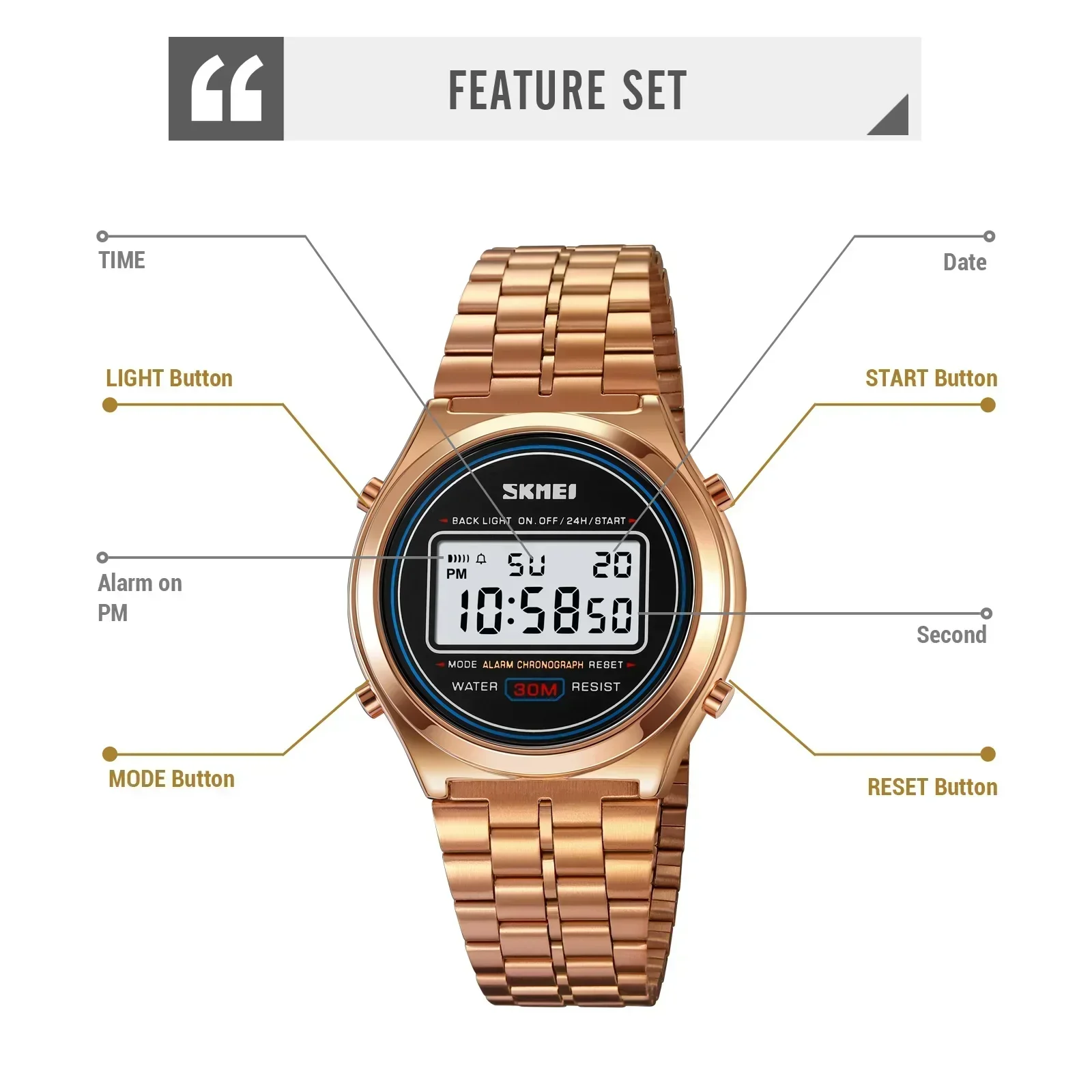 Reloj de pulsera SKMEI 2146 de acero inoxidable resistente al agua con alarma y fecha para hombre, cronómetro con pantalla de luz trasera, relojes deportivos digitales