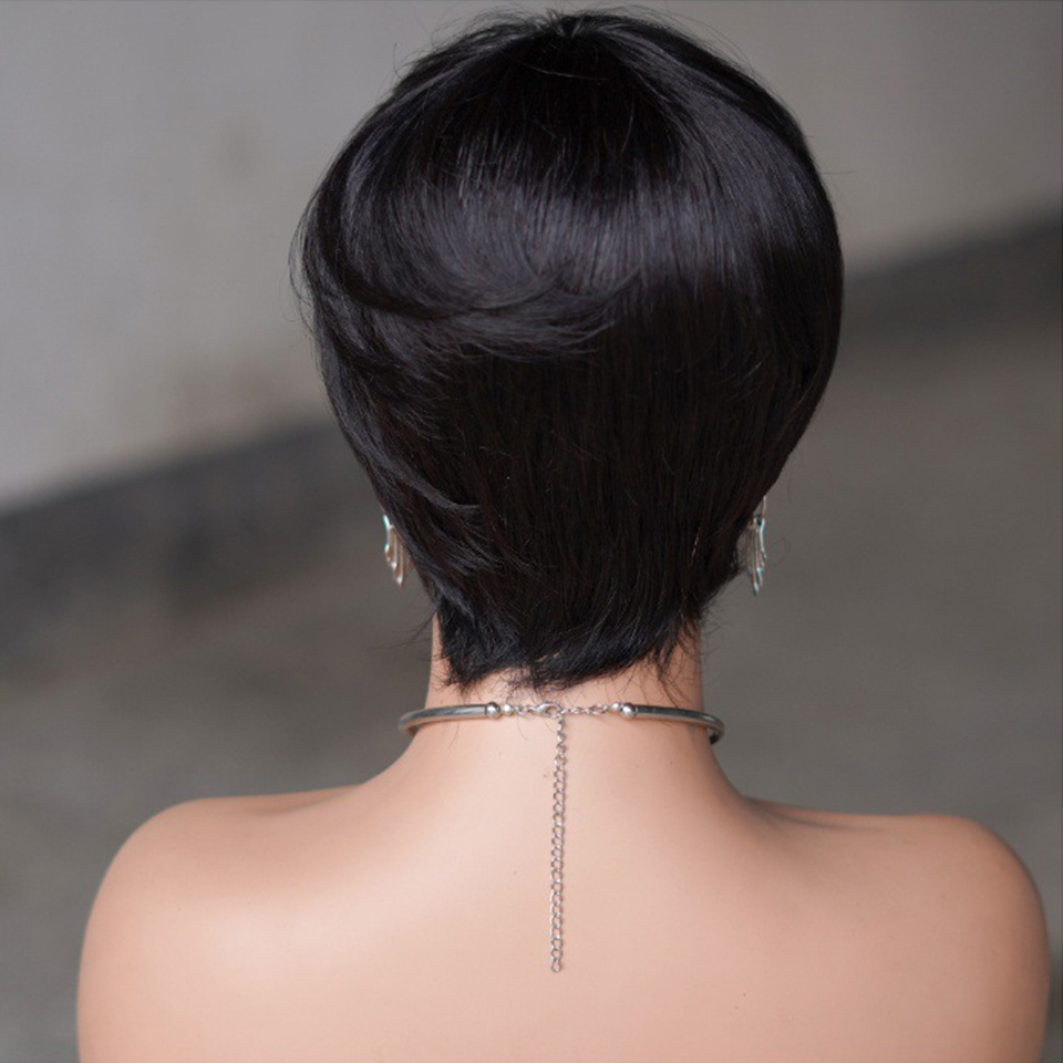 1B สั้นวิกผมผมมนุษย์ Pixie ตัดตรง perruque bresillienne สําหรับผู้หญิงสีดําเครื่องทําวิกผมกับ Bangs ราคาถูกไม่มีวิกผมลูกไม้