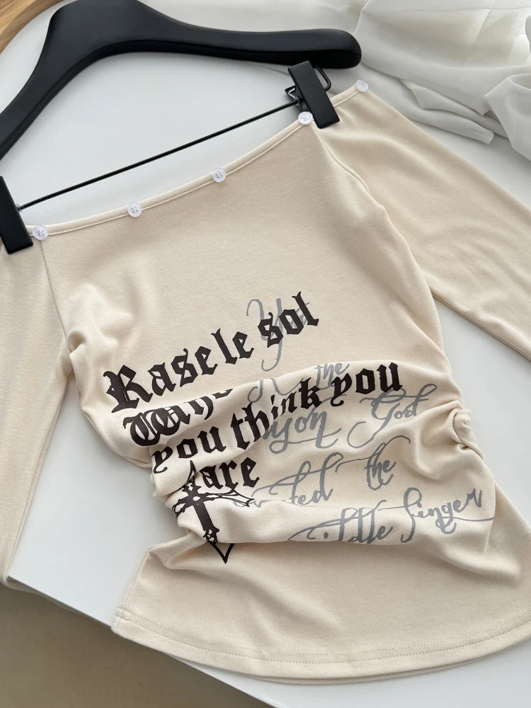 秋冬女性韓国ファッションコケットスラッシュネック Tシャツ少女ガール Tシャツトップスデザイン 2000 年代美的ヴィンテージオールドマネー Y2k
