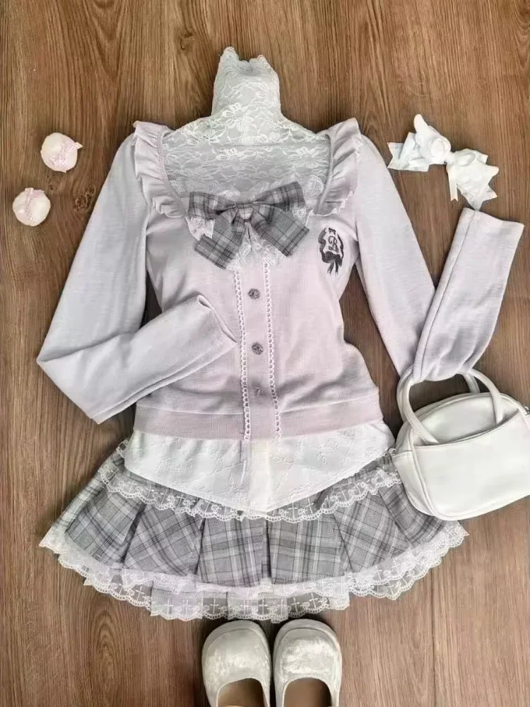 和菓子プレッピースタイルスカートセット女性かわいいレースパッチワークボウトップス + Y2k チェック柄ミニスカートエレガントな衣装 2 点セット