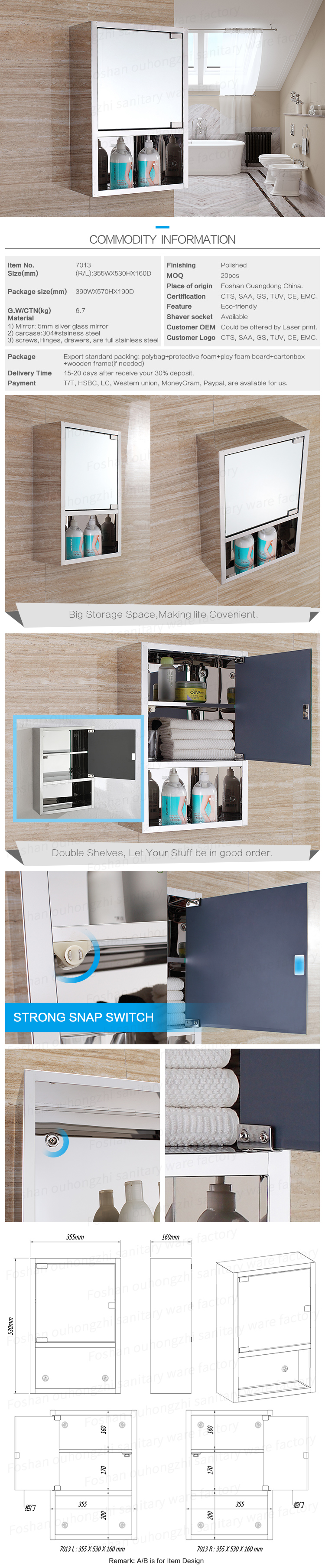 Porta de espelho de parede de aço inoxidável com armazenamento, atacado