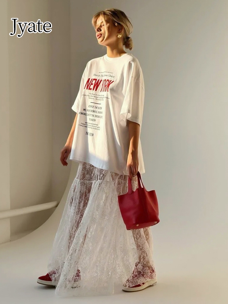 Jyate Jacquard Transparante Lange Kanten Rok Vrouwen 2024 Zomer Nieuwe Hoge Taille Sexy Casual Maxi Rokken Street Fashion Wit jupe