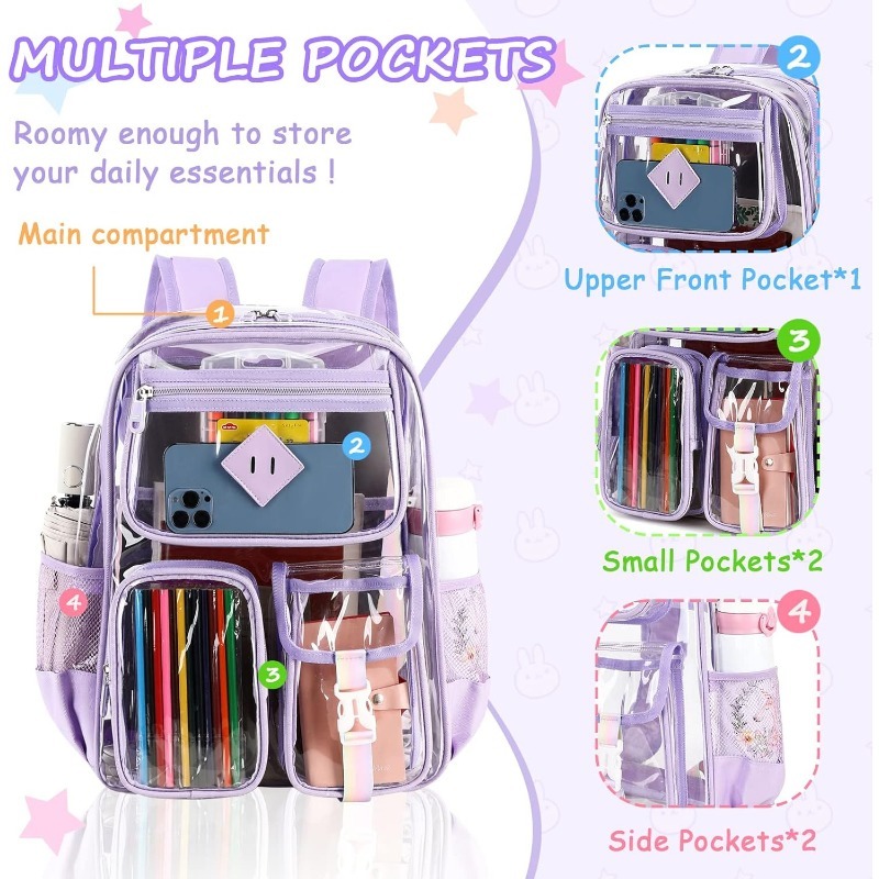 Clear Backpack for Girls, Fashion PVC Transparent Bookbag for Kids & Teens Waterproof Large Capacity Elementary School Backpack