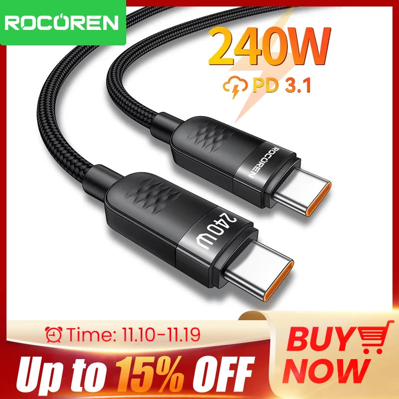 Rocoren 240w tipo-c para usb c cabo de dados pd3.1 carregamento rápido 100w tipo c cabo de carregamento rápido para macbook iphone 17 samsung xiaomi