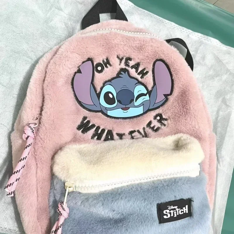Disney's New Stitch Plush ของแท้หนังสีชมพูหูใหญ่ Alien Head Color Block กระเป๋าเป้สะพายหลัง