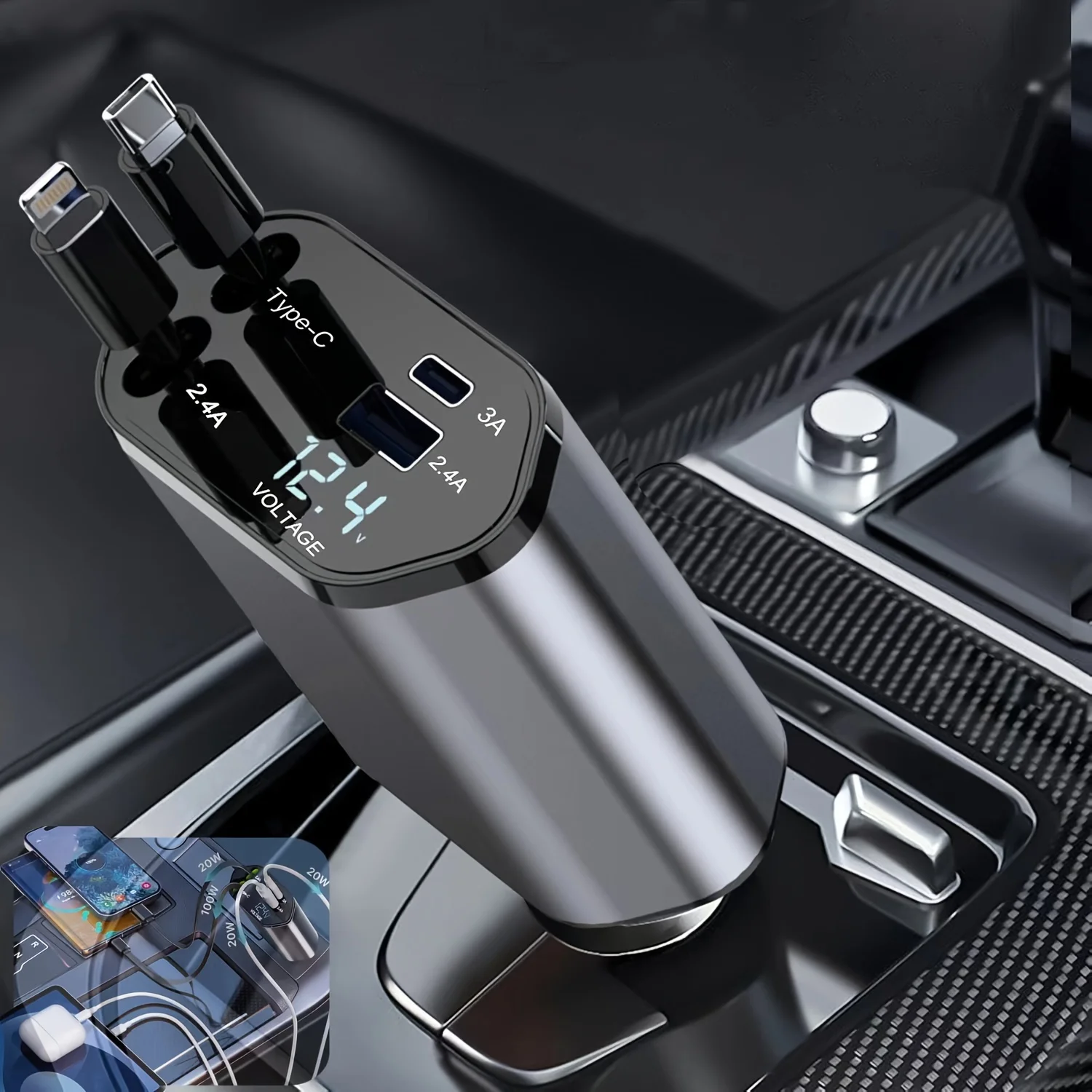 120W 格納式車の充電器 4 in 1 USB C 急速充電車のシガーライター充電アダプター iPhone Xiaomi Huawei Samsung用