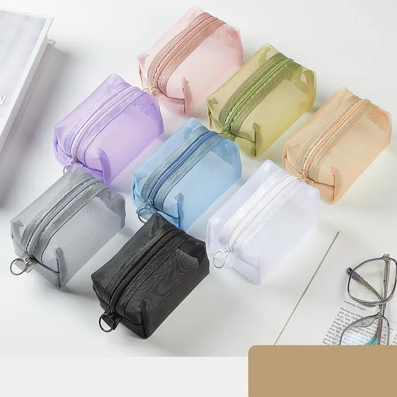 Mini Clear ไนลอนตาข่ายกระเป๋าเครื่องสําอางผู้หญิงน่ารักลิปสติกขนาดเล็กแต่งหน้ากระเป๋ากระเป๋า Data Line Key หูฟัง Organizer Case