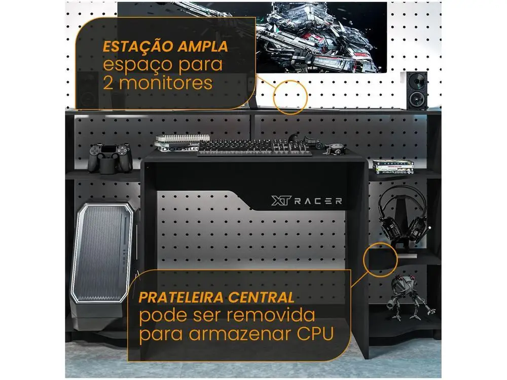 Mesa Gamer XT Racer Control Preta e Branca 5 Nichos