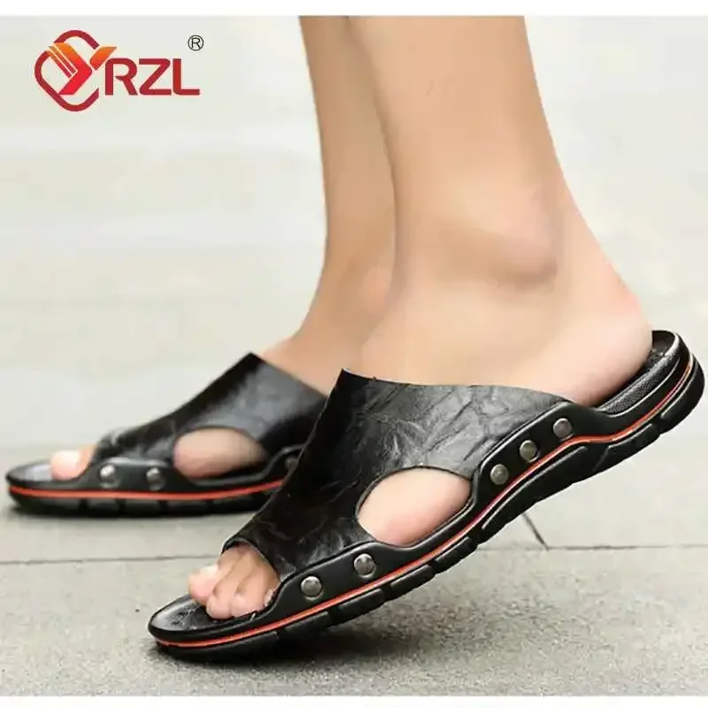 YRZL Herren-Sandalen, PU-Leder, klassische Sommer-Herren-Hausschuhe, weiche schwarze Hausschuhe, große Hausschuhe, leichte EVA-Slides für Herren