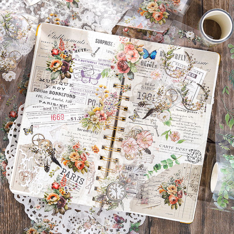 200 ซม./ม้วนสัตว์เลี้ยง Retro ดอกไม้เทปหมึกสีขาวตัดฟิล์มที่มีสีสัน Bouquet Series รูปพิเศษคู่มือภูมิทัศน์วัสดุสติกเกอร์
