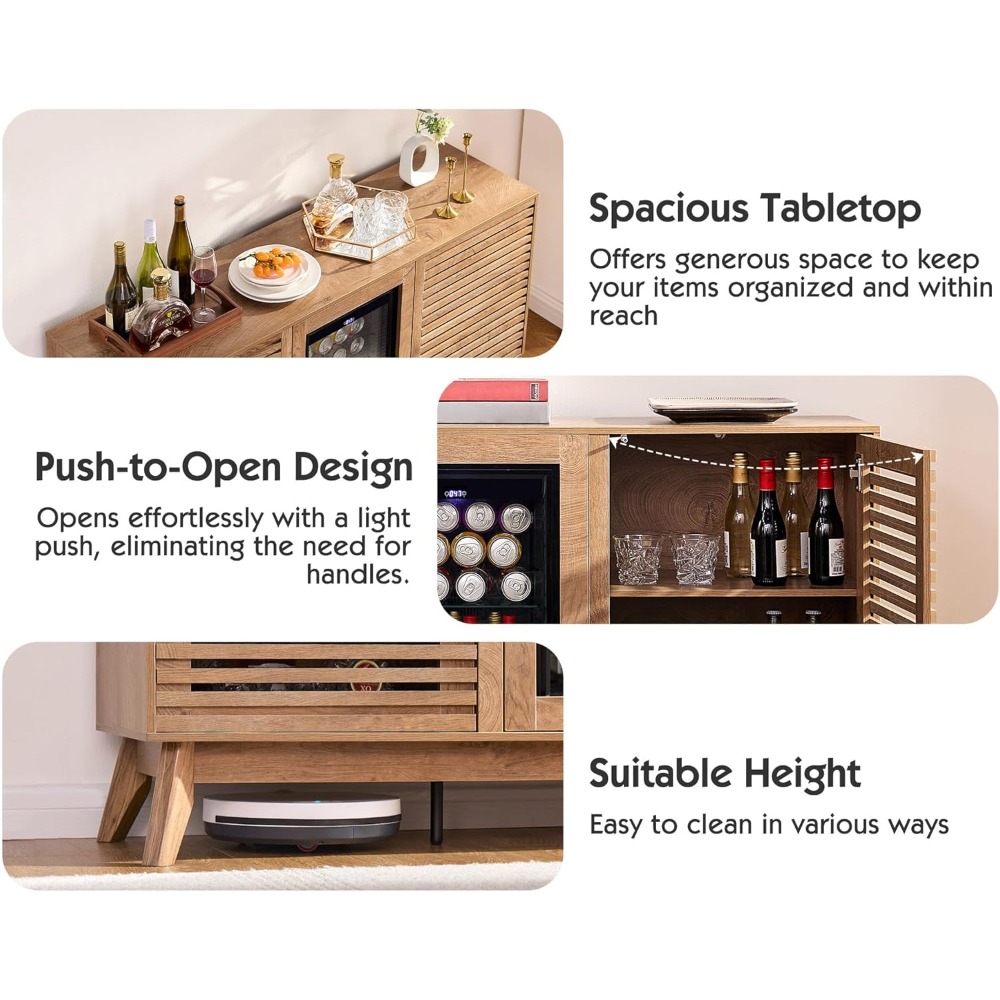 60" coffe bar cabinet with built-in beverage refrigerator– wine bar with 24 cans mini fridge– sideboard buffet cabinet with stor