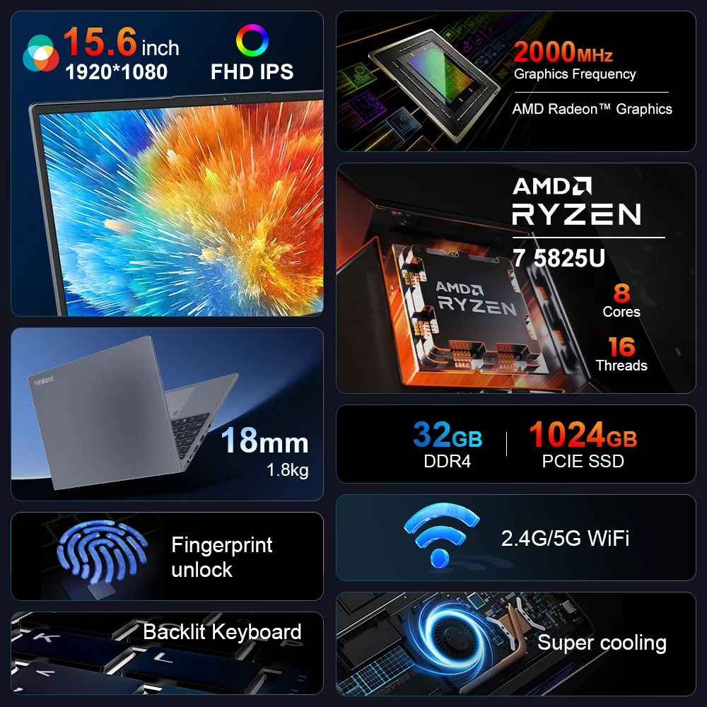 Laptop Ninkear A15 Plus 15,6 cala IPS FHD AMD Ryzen ™   7 5825U Laptop 32G DDR4 1TB SSD 57WH Windows 11 Komputer Gamingowy Laptop