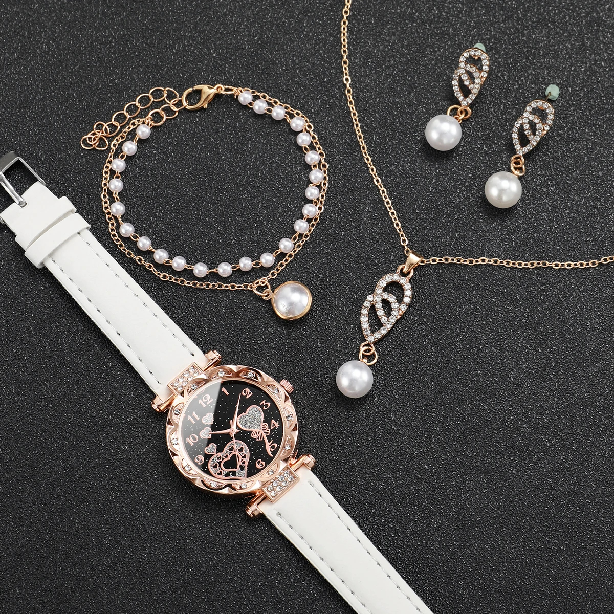 4 ピース/セット女性の光沢のあるラインストーンクォーツ時計アナログ PU レザー腕時計 & フェイクパールジュエリーセットギフトママ彼女 ﻿