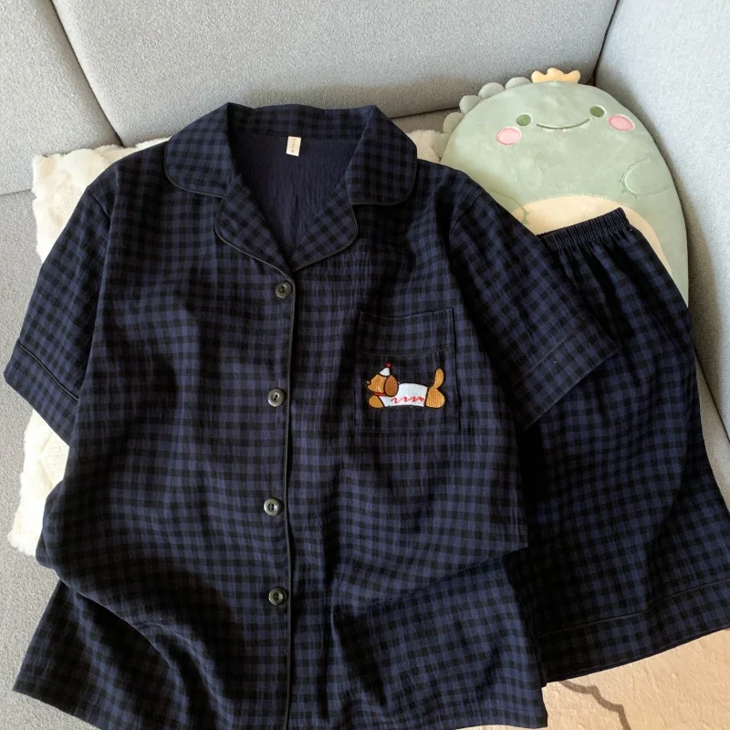 Bordado cão doce moda bonito pijamas conjunto para mulheres xadrez lapela pescoço cintura elástica design pijamas curto novo casual pijamas