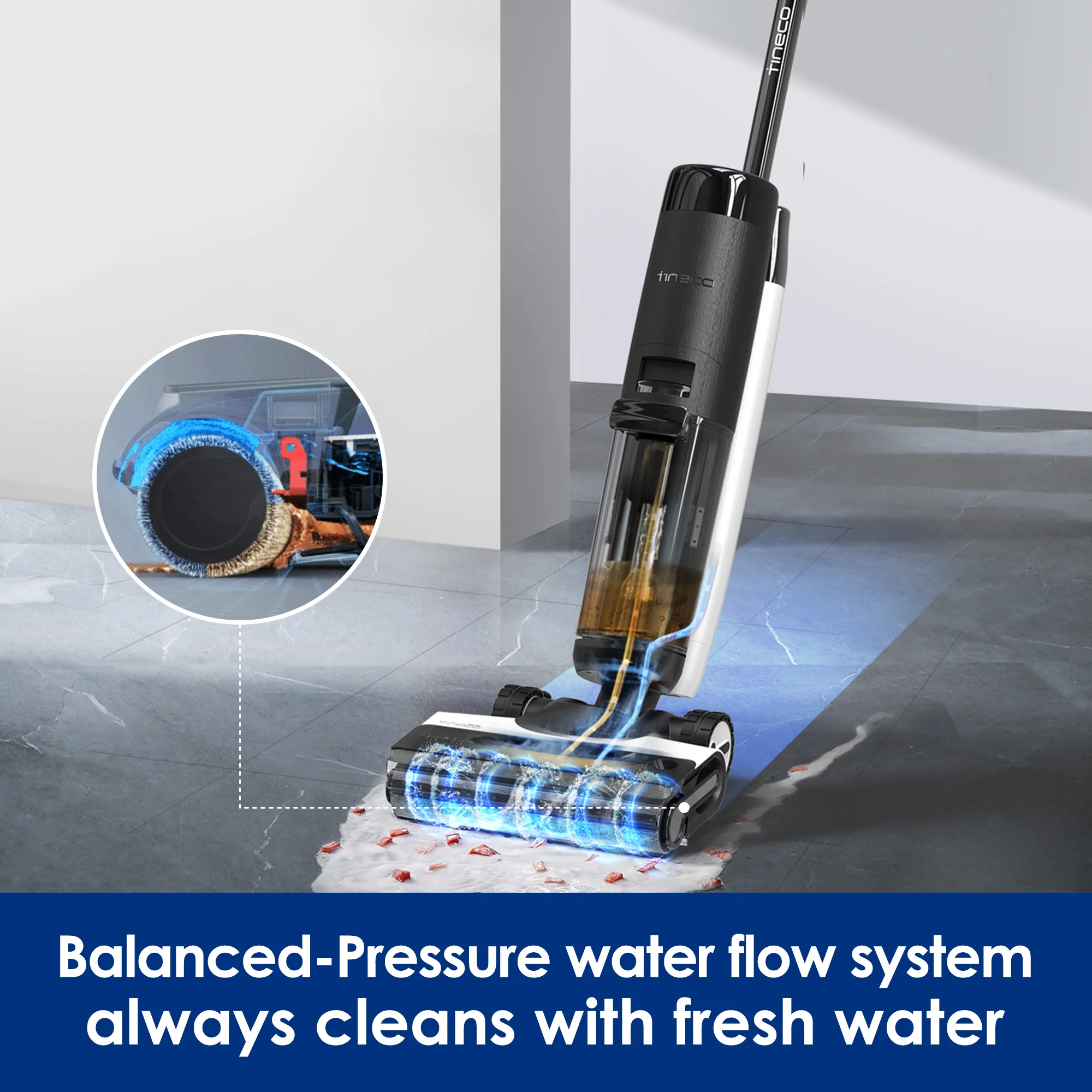 Tineco FLOOR ONE S7 FlashDry Inteligentny bezprzewodowy odkurzacz na mokro i sucho do lepkich wiadomości 158. ℉ Suszenie lampy błyskowej na gorące powietrze Dwustronne czyszczenie krawędzi