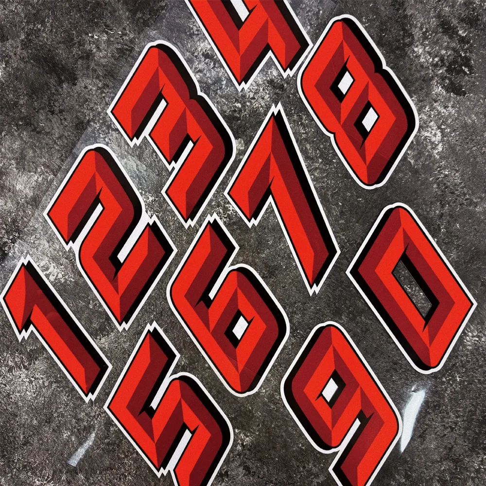 0123456789   Pegatinas de número rojo para motocicleta, carenado de tanque de combustible, calcomanías de vinilo impermeables, decoración de casco de carreras DIY