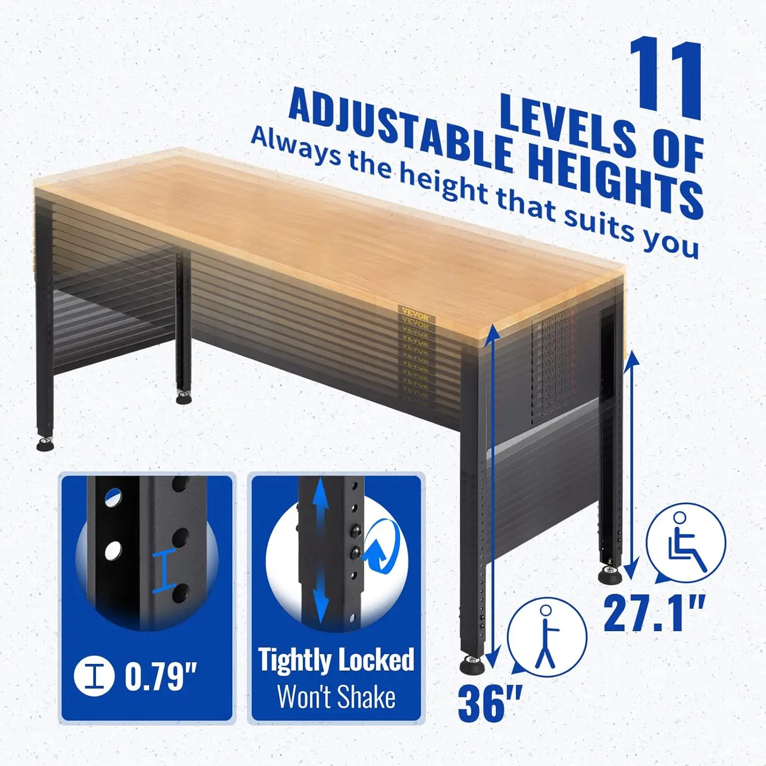 Workbench Adjustable Height, 61" x 20" Garage Table with 27.1" - 36" Heights & 2000 LBS Load Capacity, with Power Outlets