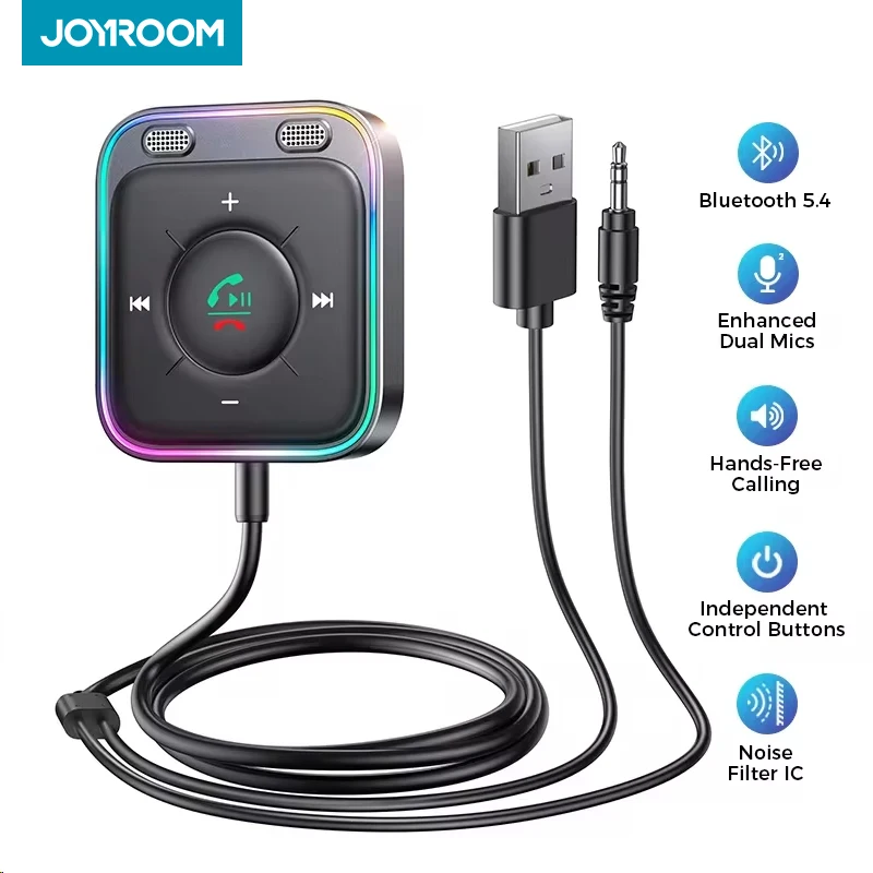 JOYROOM Bluetooth 5,4 AUX adaptador de coche micrófonos duales receptor Bluetooth para llamadas manos libres de coche música automática Audio estéreo