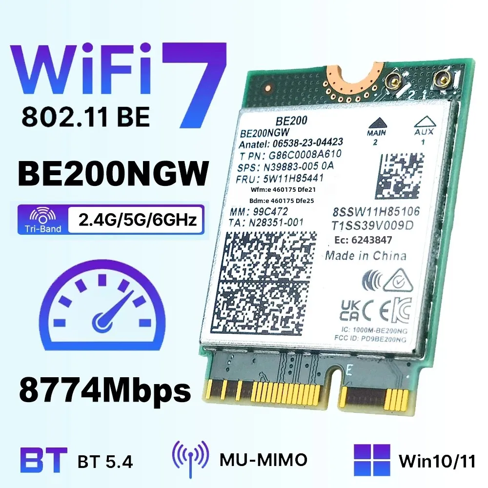 Wi-Fi 7 BE200 Bluetooth 5,4 Wi-Fi карта 8774 Мбит/с BE200NGW трехдиапазонный 2,4/5G/6G беспроводной сетевой адаптер для Windows 10/11 ПК ноутбук