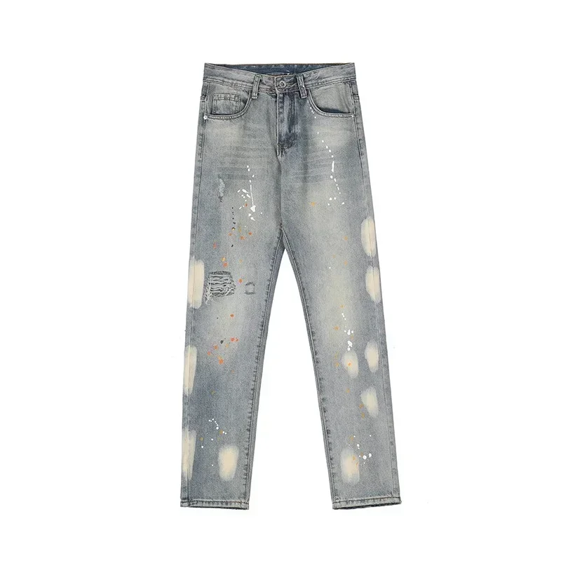Herren Splashing Ink Ripped Baggy Jeans 2024, neue Hip-Hop-Mode, Graffiti-Löcher, gerades Bein, Denim-Hosen, Y2k-Streetwear-Jeans