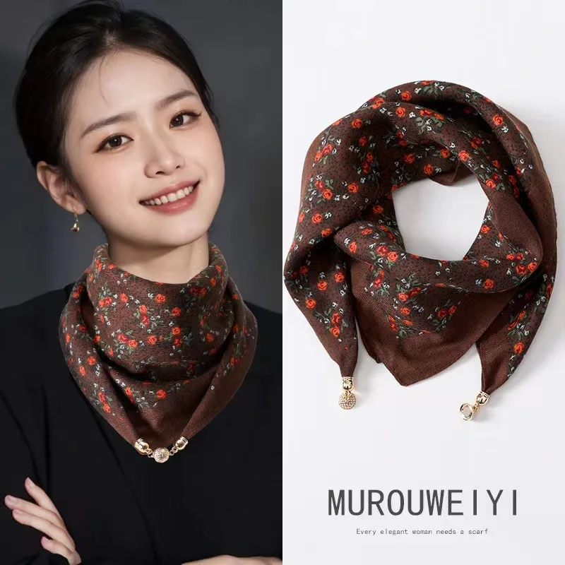 Nueva bufanda cuadrada cálida, bufanda triangular con botones magnéticos, bufanda de algodón para mujer, primavera, otoño e invierno, estilo occidental, estilo de cuello Ve
