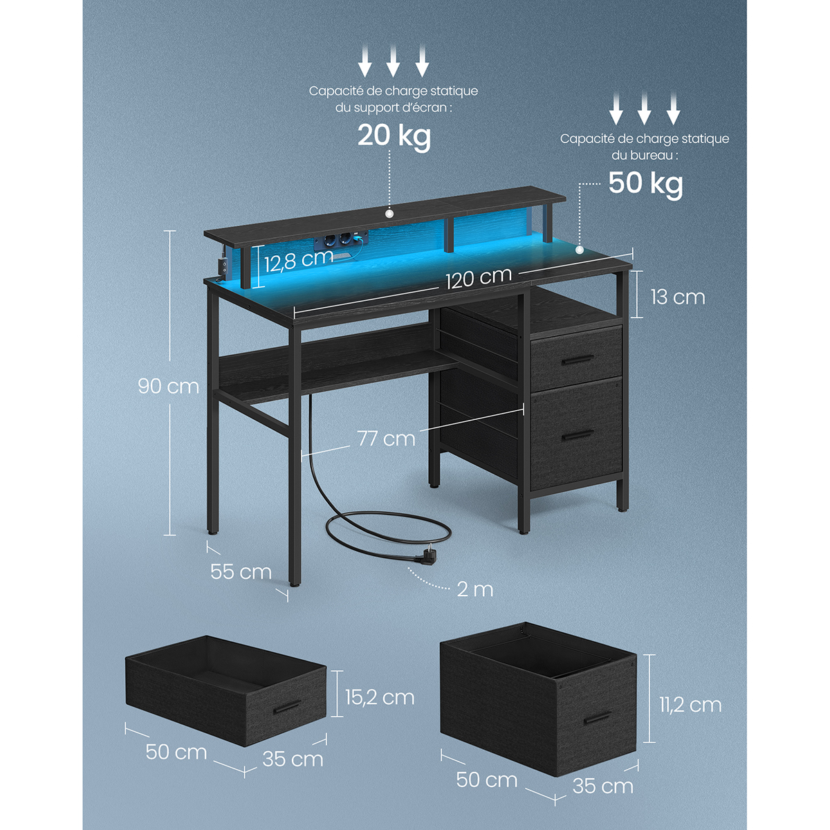 VASAGLE Bureau Gaming avec Lumières LED et Multiprise, Bureau Informatique avec Support d'Écran, Table avec Rangement, 2 Tiroirs en Tissu, 2 Ports USB, pour Bureau