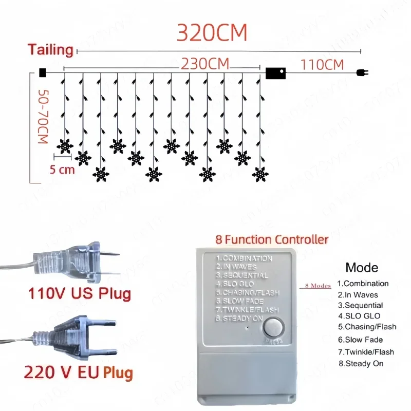 3.2M Christmas Snowflake Curtain String Lights ในร่มคริสต์มาสงานแต่งงานปาร์ตี้ปีใหม่ LED Xmas โคมไฟตกแต่งชายคา