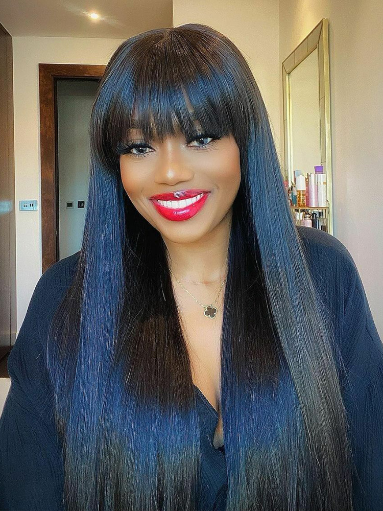 วิกเส้นผมมนุษย์ผมตรงแบบบราซิลที่มีผมม้าสีดำธรรมชาติใส่และไป100% วิกผมเส้นผมมนุษย์เรมี่วิกผมผู้หญิงเครื่องจักรเต็มรูปแบบ