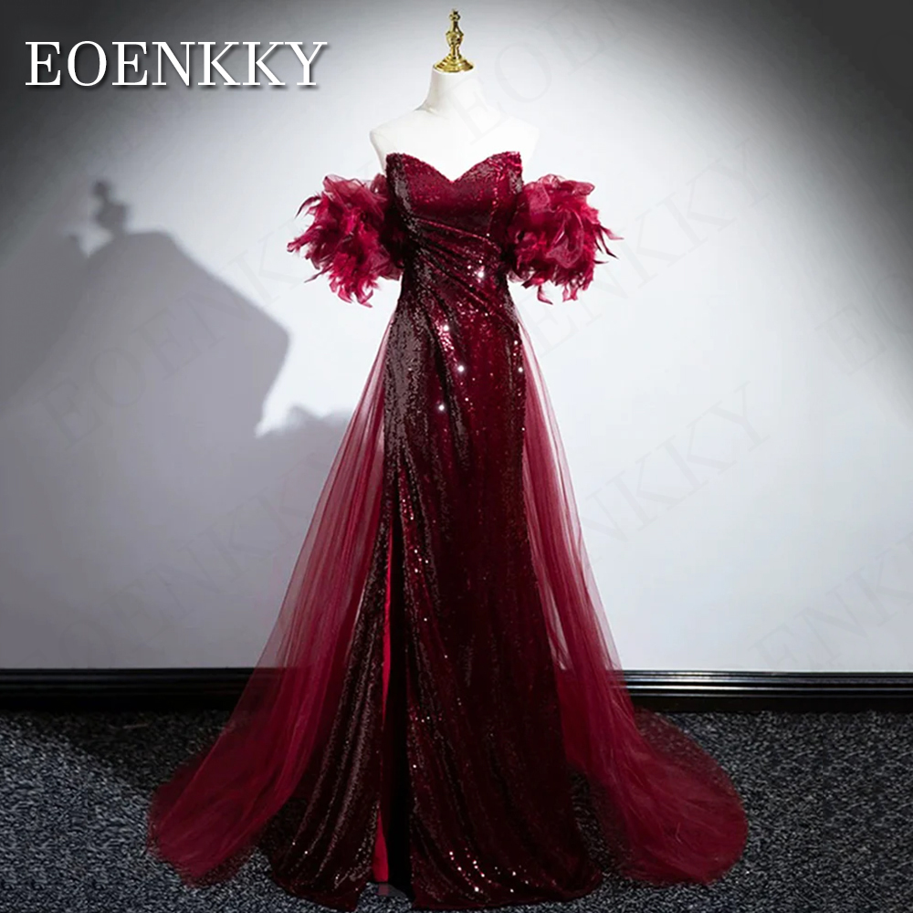Robe de Soirée de Forme Sirène pour Femme, Tenue Éducative, Sans Bretelles, à Paillettes, de Couleur Bordeaux, avec Plumes, de Luxe, avec Col en V Burgundy Mermaid Sequins Evening Dress Long Luxury Women  Feathers Off