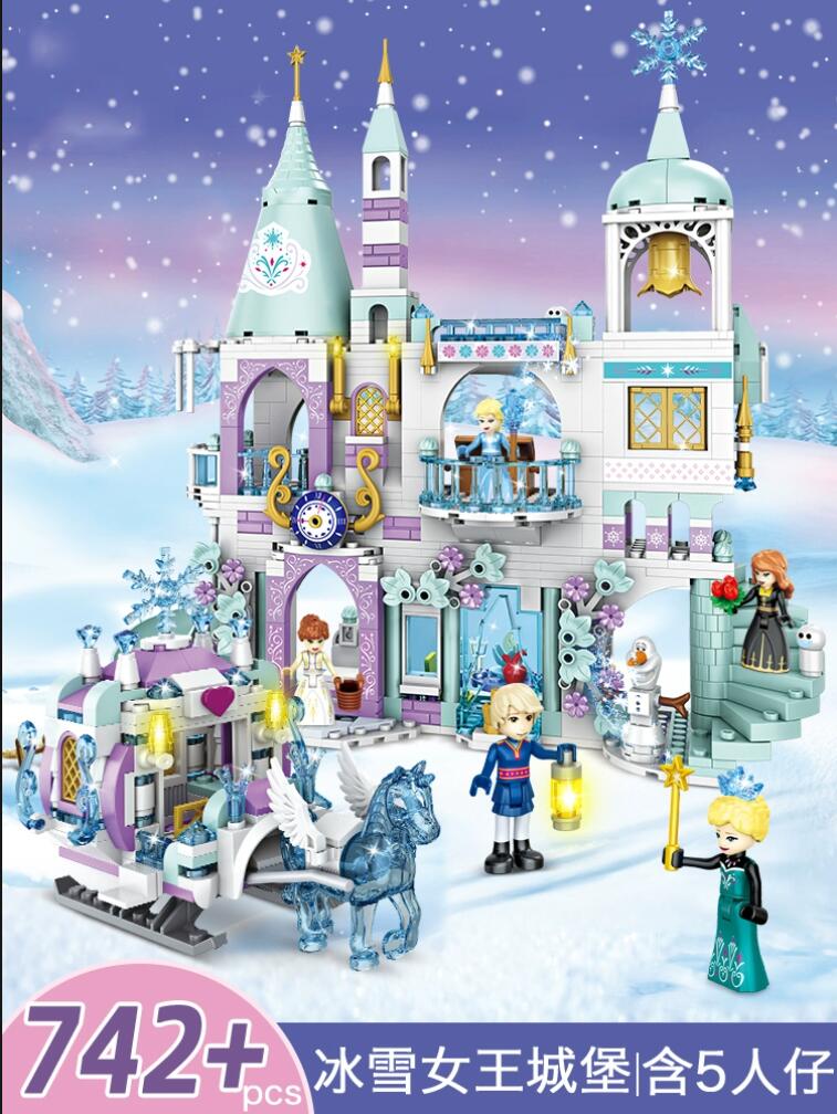 เพื่อนเจ้าหญิงหรูหราปราสาทน้ําแข็งสนามเด็กเล่น House ภาพยนตร์ฤดูหนาว Snow Horse Figures Building Blocks ชุดของเล่นสําหรับหญิง DIY ของขวัญ