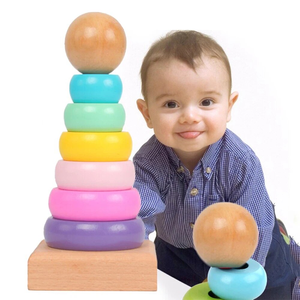 Crianças arco-íris torre virola brinquedo de madeira empilhamento círculo bebê educação infantil puzzle anel montessoris brinquedos crianças