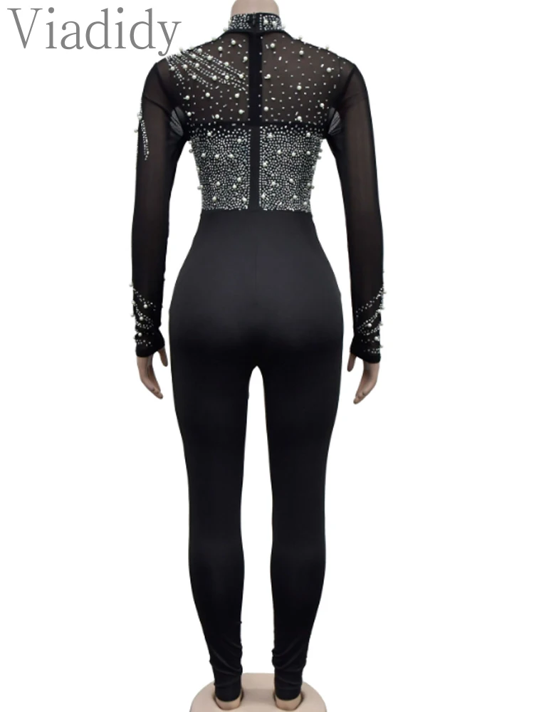 Strampler mit Perlen und Strasssteinen für Damen, Overalls, Netzstoff, durchsichtig, dünn, einteiliger Overall