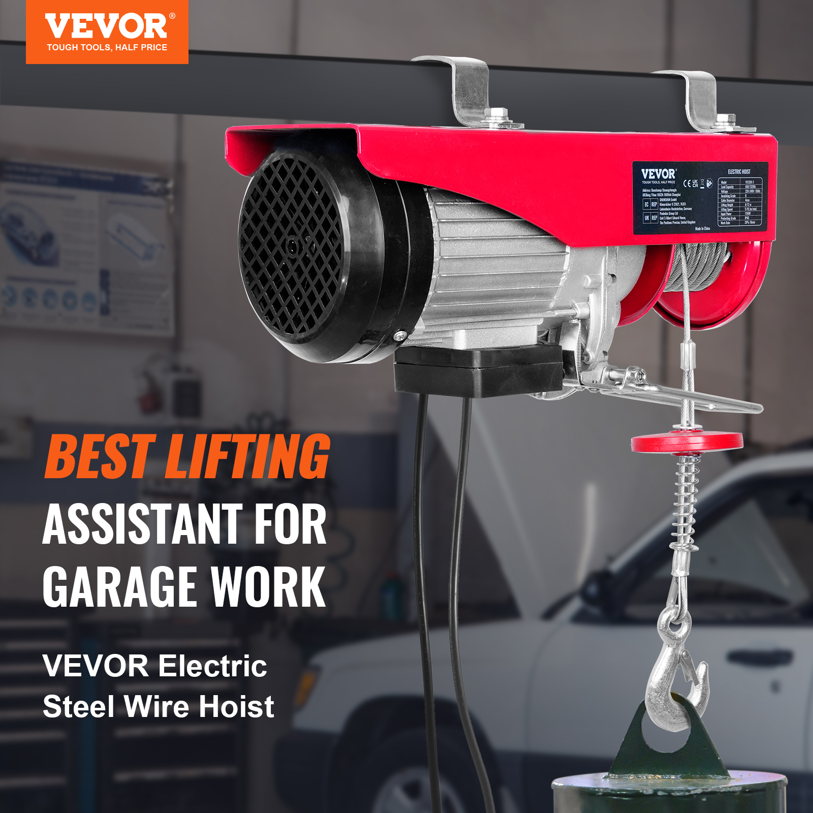 VEVOR Paranco a Leva Elettrico 1150 W Carico Max. da 600 kg Altezza di Sollevamento 12 m Motore Rame Puro con Telecomando, Paranco Elettrico a Leva per Sollevamento Carico Velocità 10 m/min da Garage