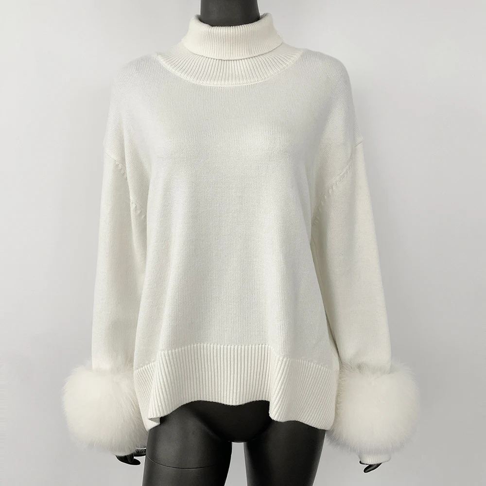 FURYOURSELF 2025, Damen-Wollpullover, übergroß, echtes Fuchspelz, Manschettenpullover, elegante Bürodame, Kleidung, lockerer Rollkragenpullover