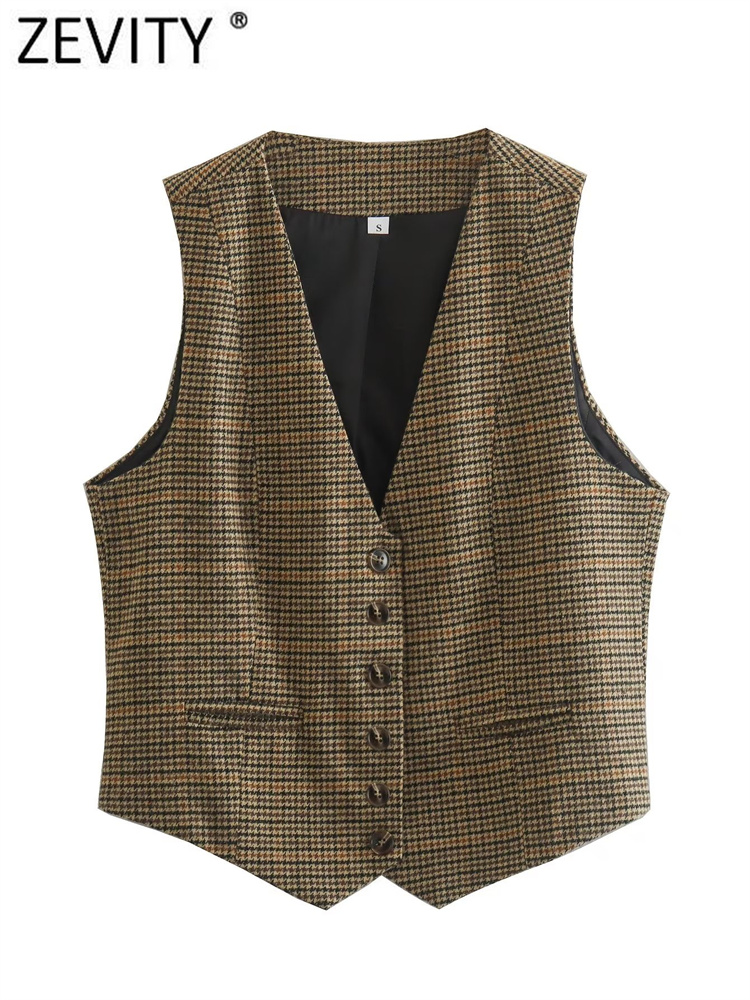 Zevity Phụ Nữ Mới Vintage Cổ V Houndstooth In Ngực Ngắn Áo Khoác Vest Đầm Nữ Không Tay Cổ Áo Khoác Áo CT3053