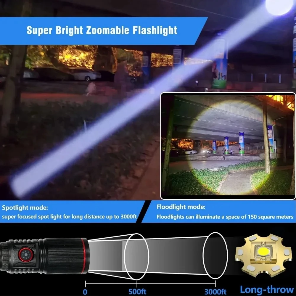 30 W hohe helle LED-Taschenlampe, hohe Leistung, Typ C, wiederaufladbare Zoom-Taschenlampe, Camping, Outdoor, Jagd, Angeln, Wandern, Beleuchtungslampe