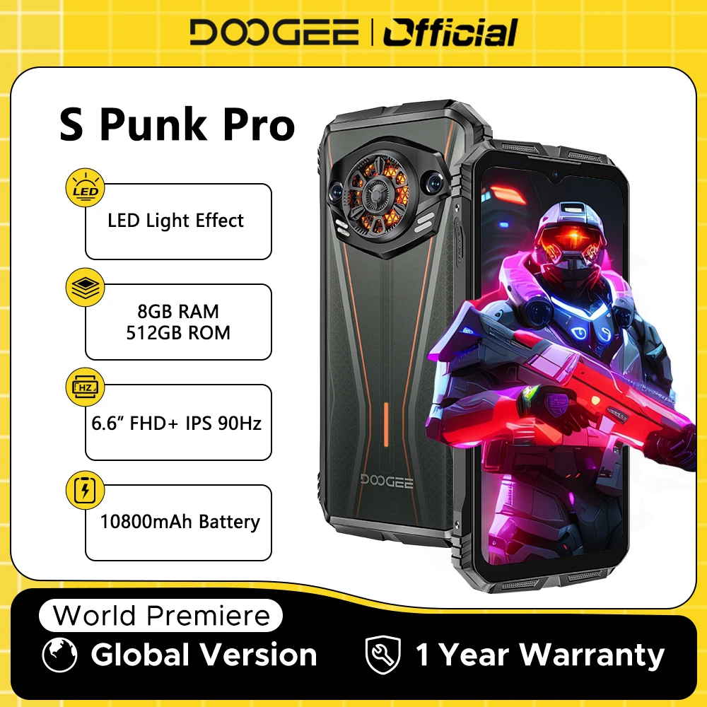 Versão global doogee s punk pro telefone robusto led efeito de luz 8gb ram 512gb rom 6.6 ”fhd + 90hz 10800mah bateria android 14 nfc